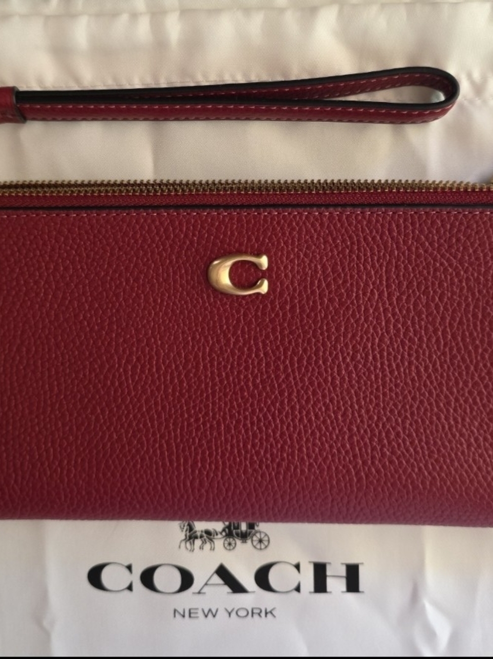 Coach Burgundy Pebbled Leather Wristlet with Gold C Hardware